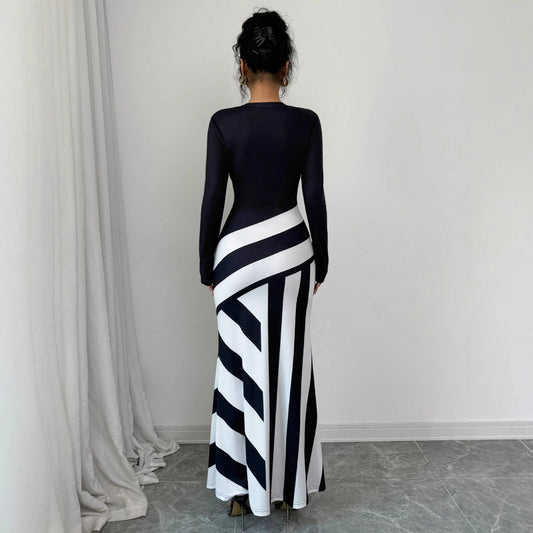 Asymmetric Neckline Irregular Stripes Dress