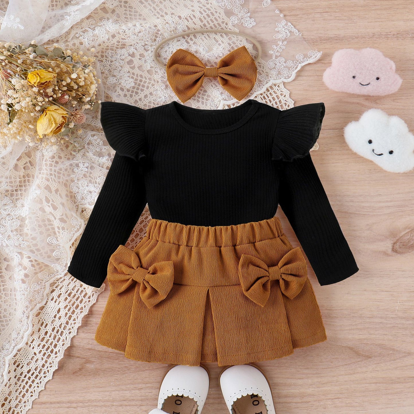 Lace Bowknot Short Dress With Headdress Three-piece Set