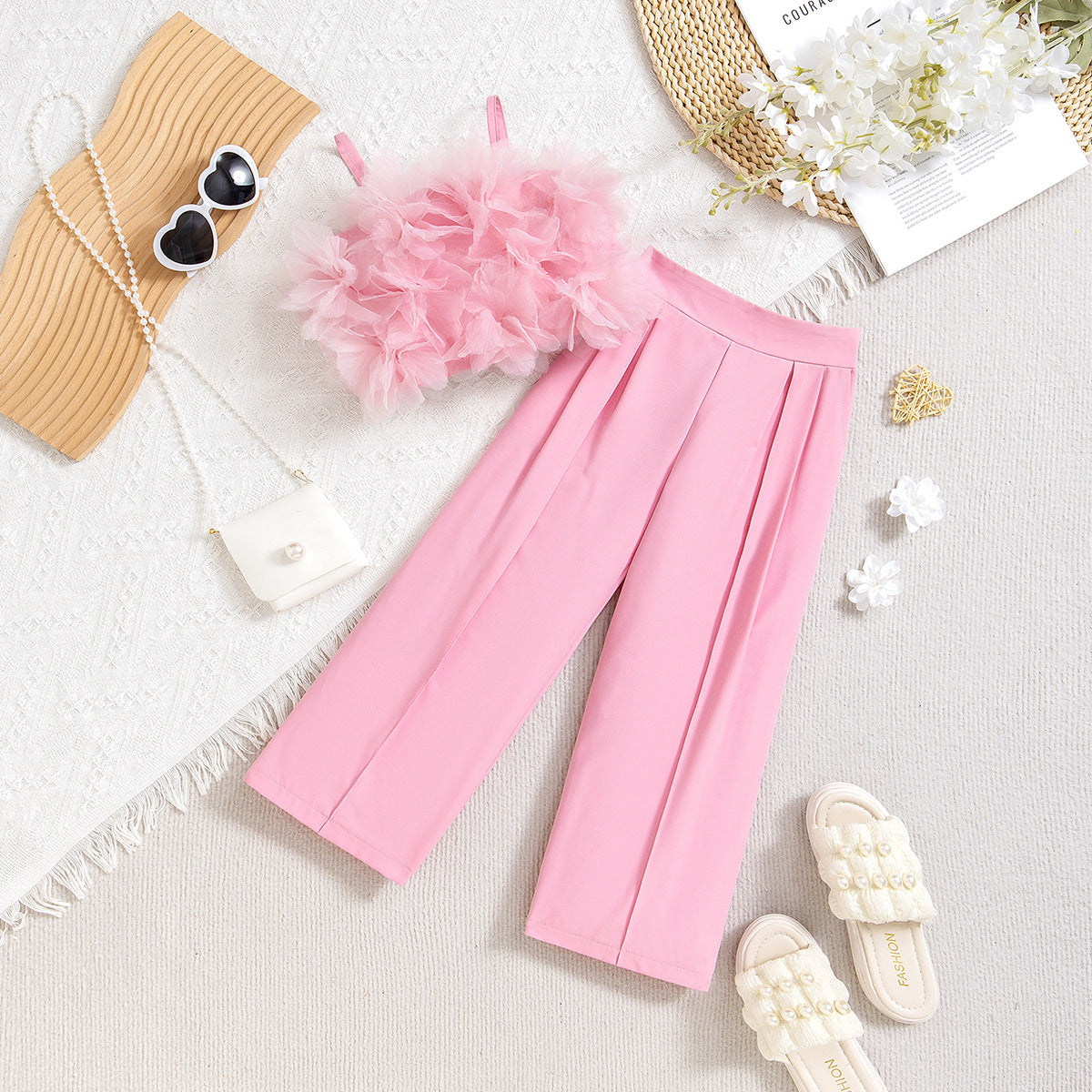 Mesh Three-Dimensional Flower Sling Top Outfit