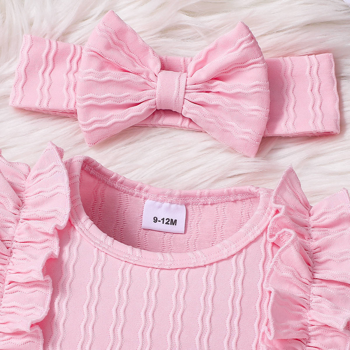 Ribbed Frill Long Sleeve Romper And Pants Suit With Headscarf 3 Piece Set