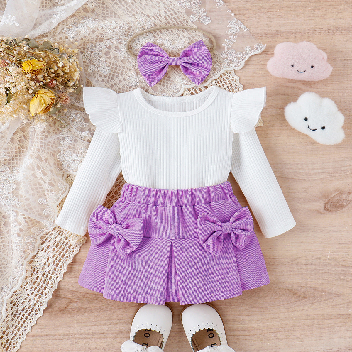 Lace Bowknot Short Dress With Headdress Three-piece Set