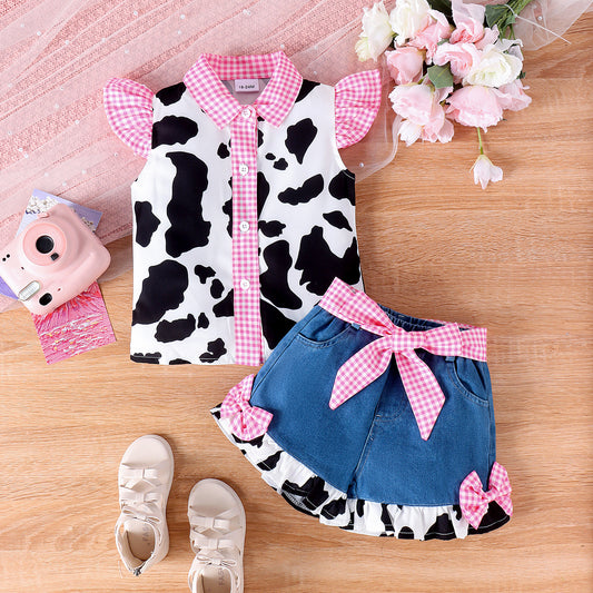 Flounced Sleeve Cow Print Denim Stitching Shorts Set