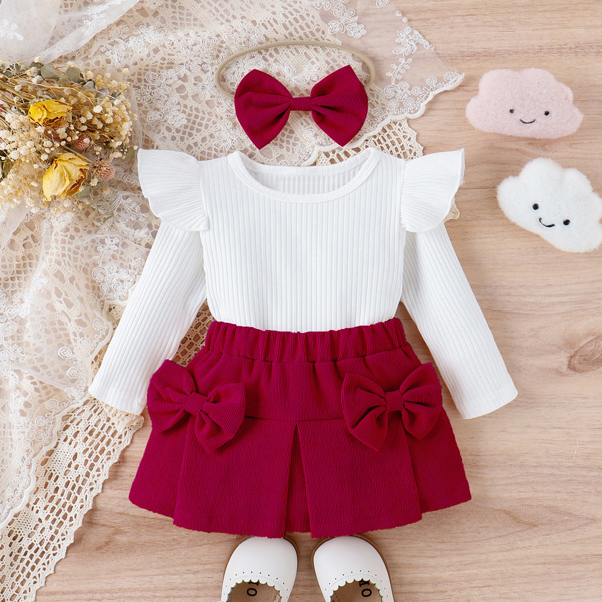 Lace Bowknot Short Dress With Headdress Three-piece Set