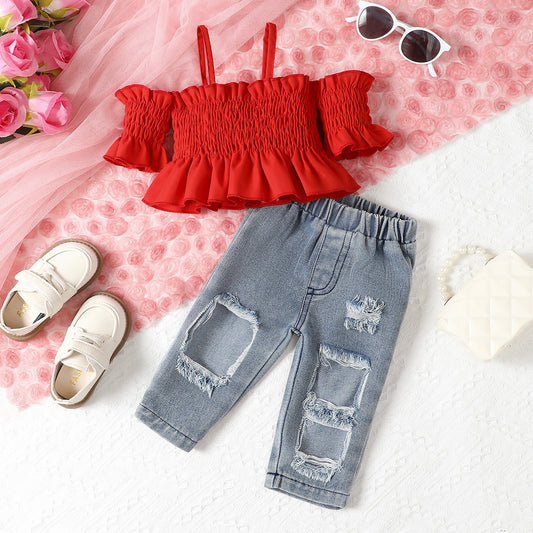 Solid Color Vest Top And Jeans Set