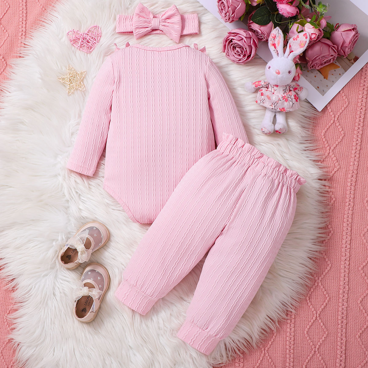 Ribbed Frill Long Sleeve Romper And Pants Suit With Headscarf 3 Piece Set
