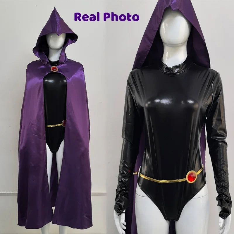 TeenTitans-Raven Cosplay Costume Jumpsuit Purple Cloak with Belt Halloween Costume