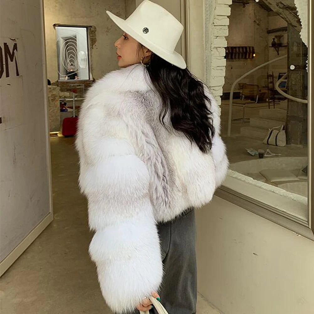 Denny & Dora Thick Natural Real Fox Fur Coat Whole Skin Jackets With Fur Collar