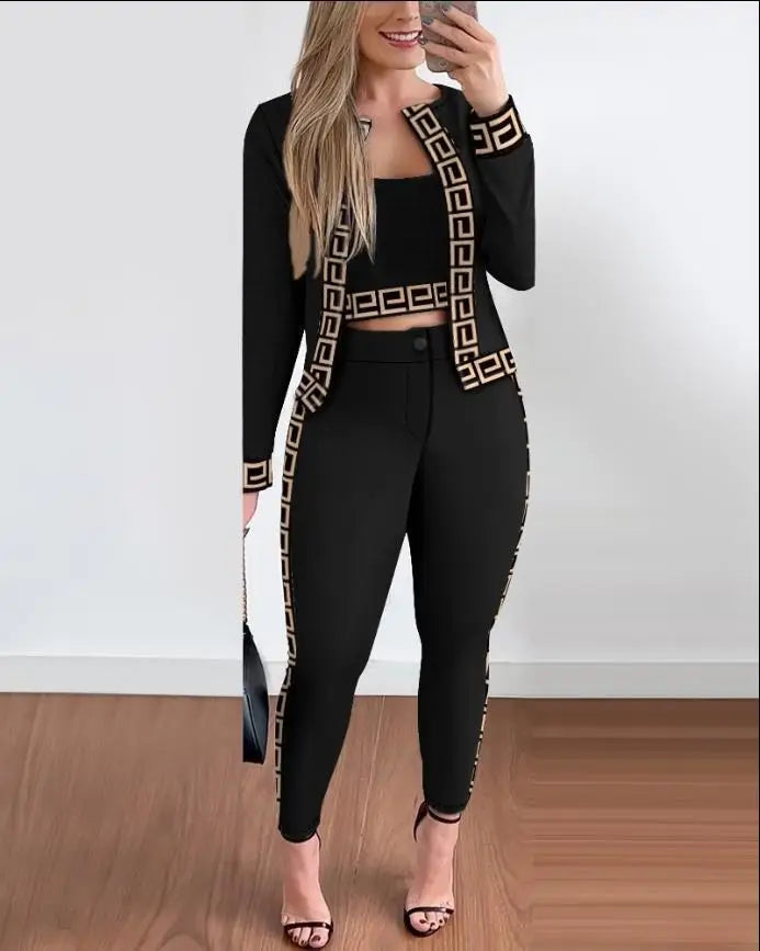 Long Sleeve Coat Camisole Slim Trousers Three Piece Set