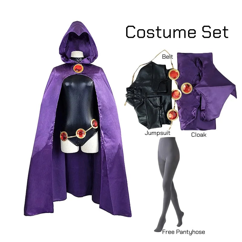 TeenTitans-Raven Cosplay Costume Jumpsuit Purple Cloak with Belt Halloween Costume