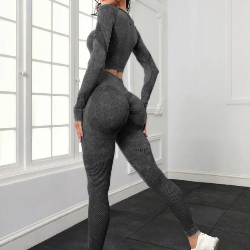 Acid Wash Women Seamless Long Sleeve Gym Set 2Pcs