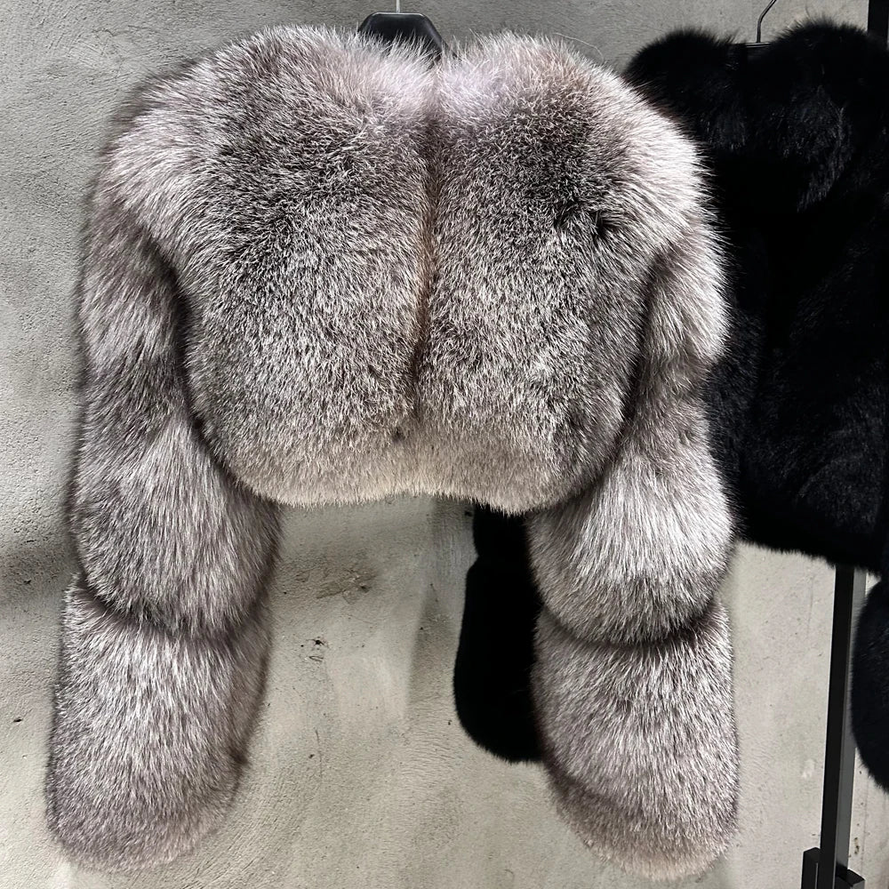Cropped Real Fox Fur Coat - Silver