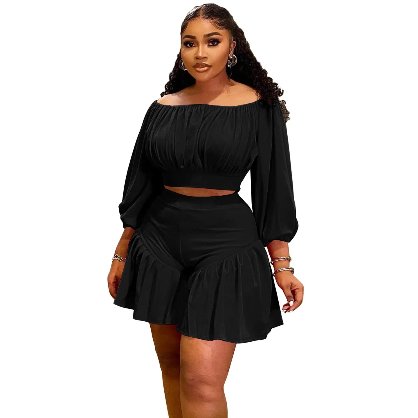 CM.YAYA Long Sleeve Slash Neck T-Shirt and Shorts Two 2 Piece Set - Plus Size