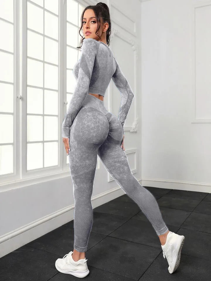 Acid Wash Women Seamless Long Sleeve Gym Set 2Pcs