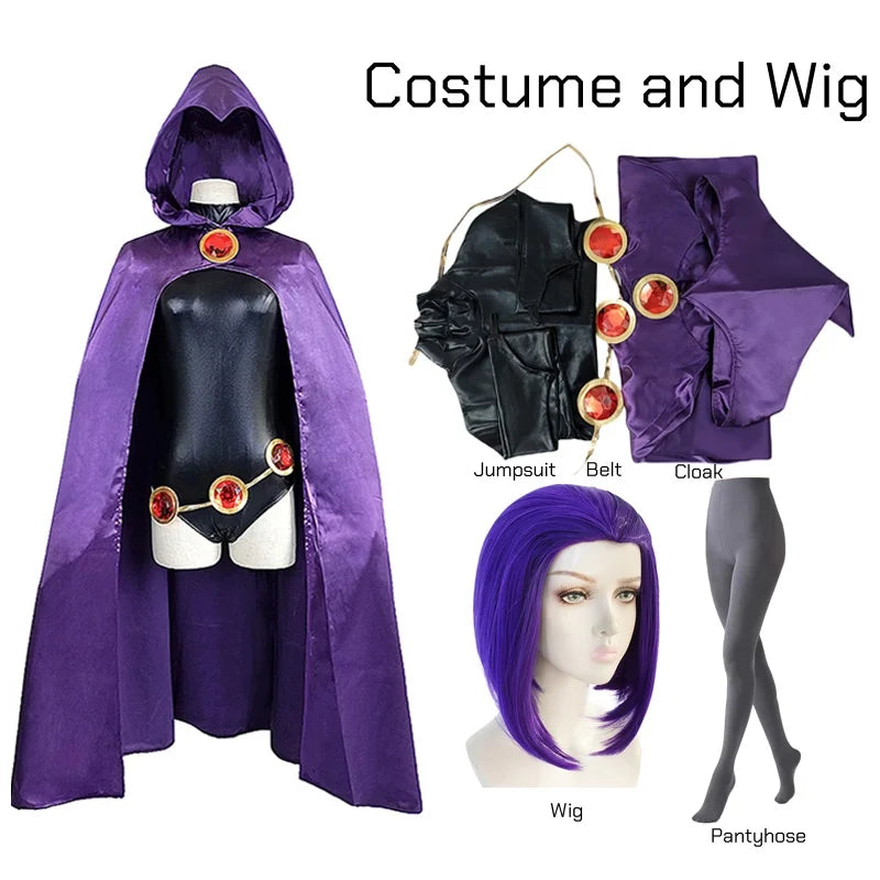 TeenTitans-Raven Cosplay Costume Jumpsuit Purple Cloak with Belt Halloween Costume