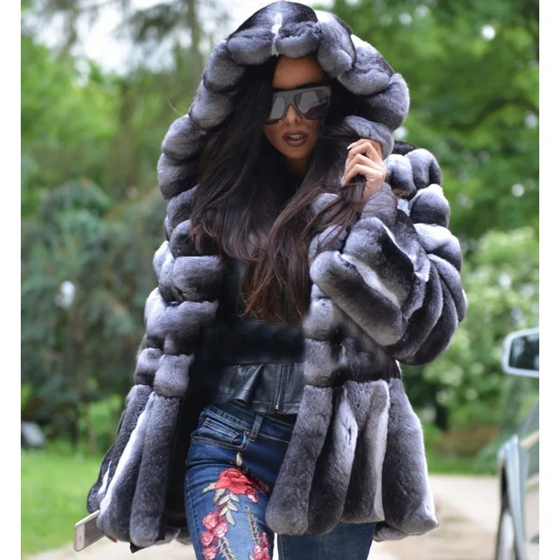 Natural Real Rex Rabbit Fur Coat With Hood
