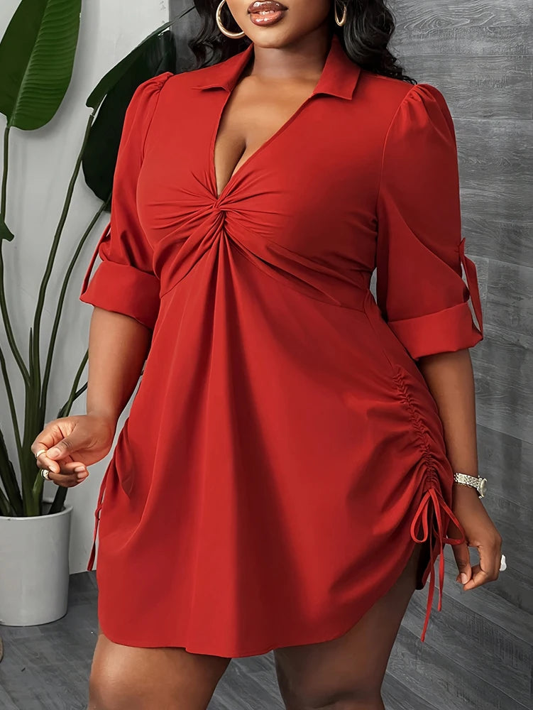 Long Sleeve Twisted Front Waist Drawstring Shirt Dress - Plus Size