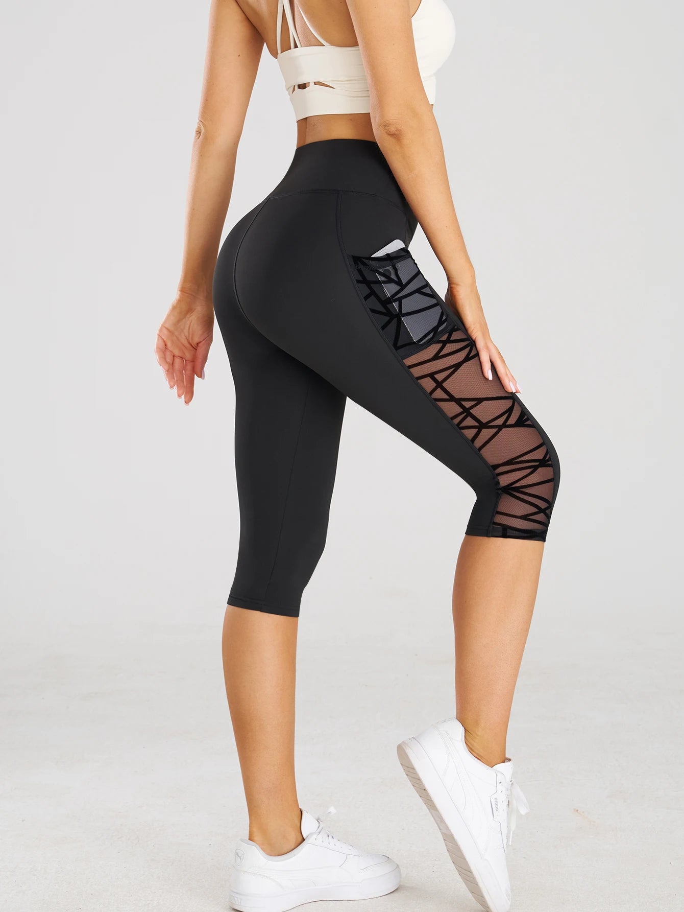 High Waist Sports Fitness Yoga Cross Mesh Stitch Capri Leggings with Pockets