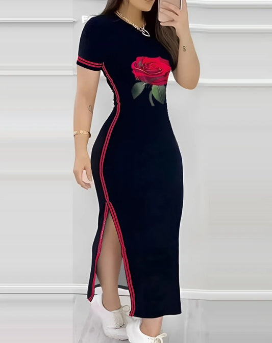Striped Rose Side Slit Short Sleeve Skinny Long Dress