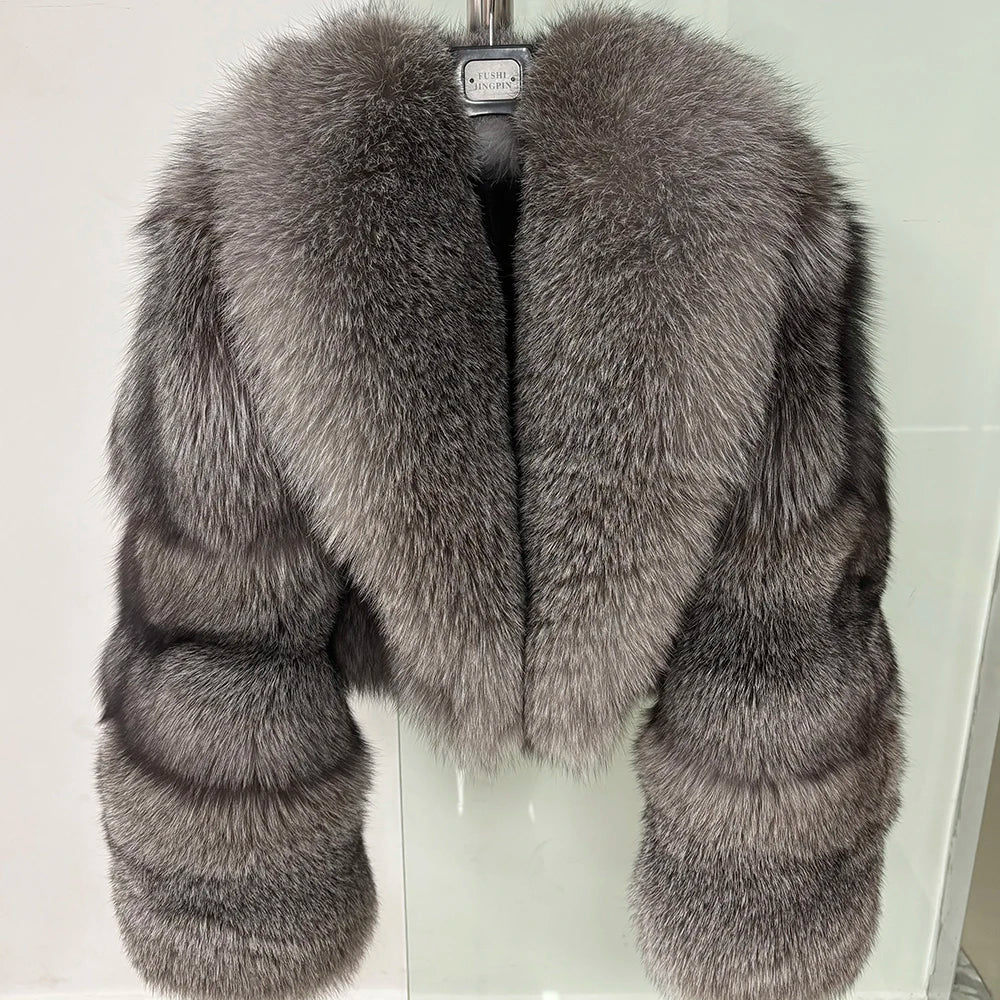 YOLOAgain Natural Real Fox Fur Cropped Jacket - Grey