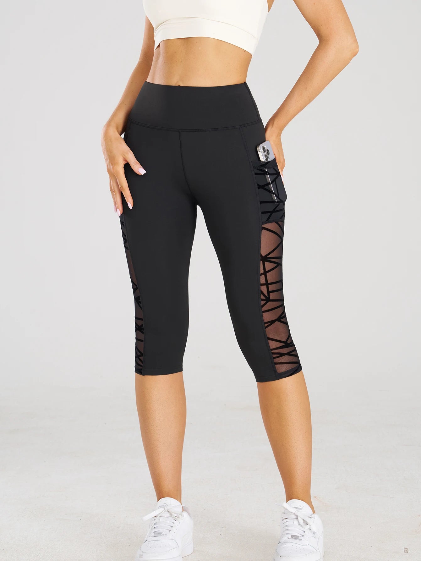 High Waist Sports Fitness Yoga Cross Mesh Stitch Capri Leggings with Pockets