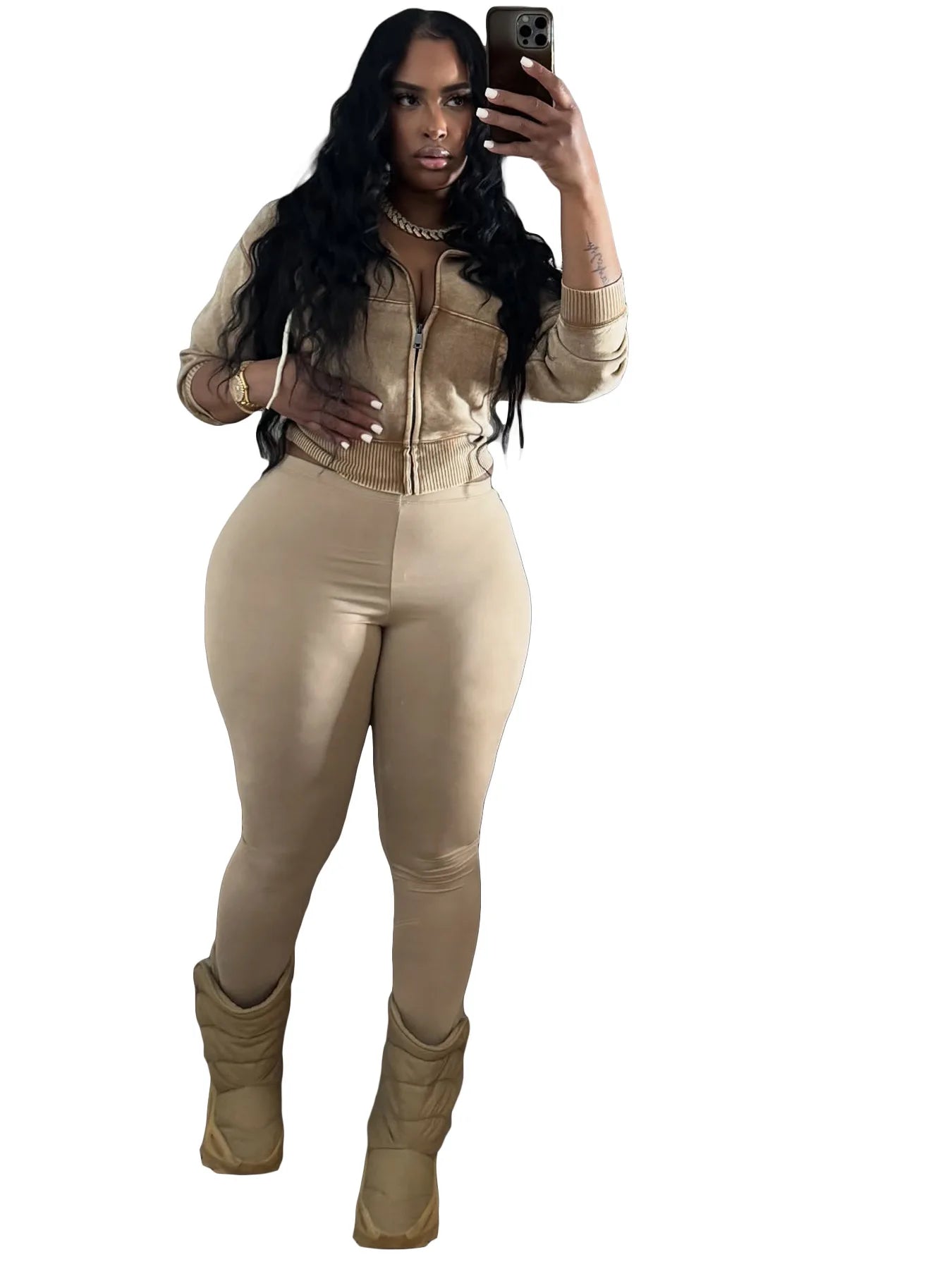 FAGADOER Washed Hooded Crop Top And Skinny Pants Outfits 2PCS Set