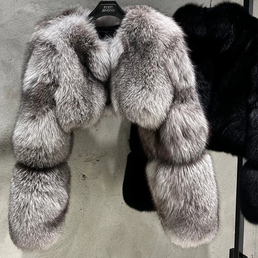 Cropped Real Fox Fur Coat - Silver