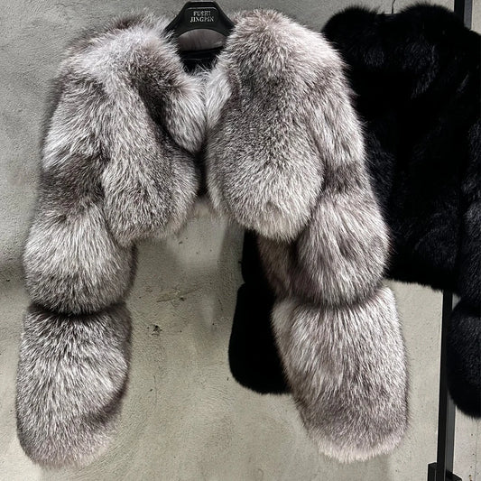 Cropped Real Fox Fur Coat - Silver