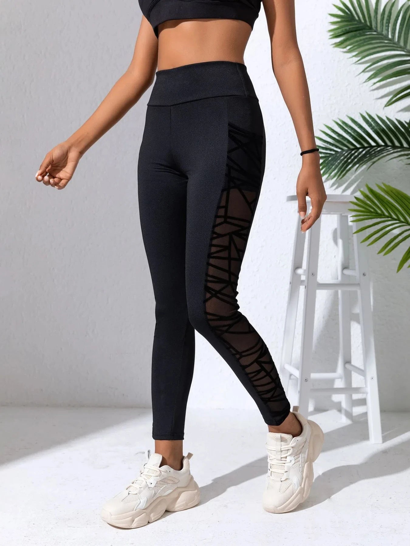 Black Fabric Patchwork High Waist Side Mesh Yoga Leggings