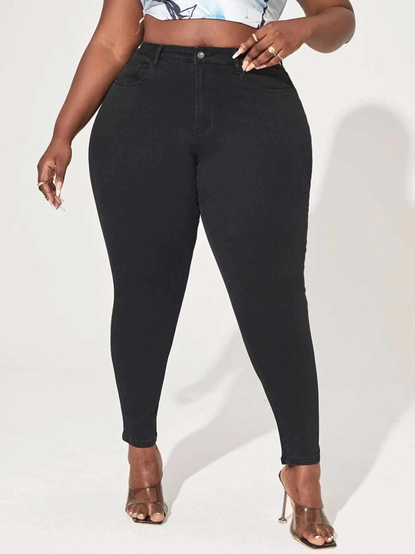 Skinny High Waist Stretch Denim Curvy Pencil Black Jeans - Plus Size