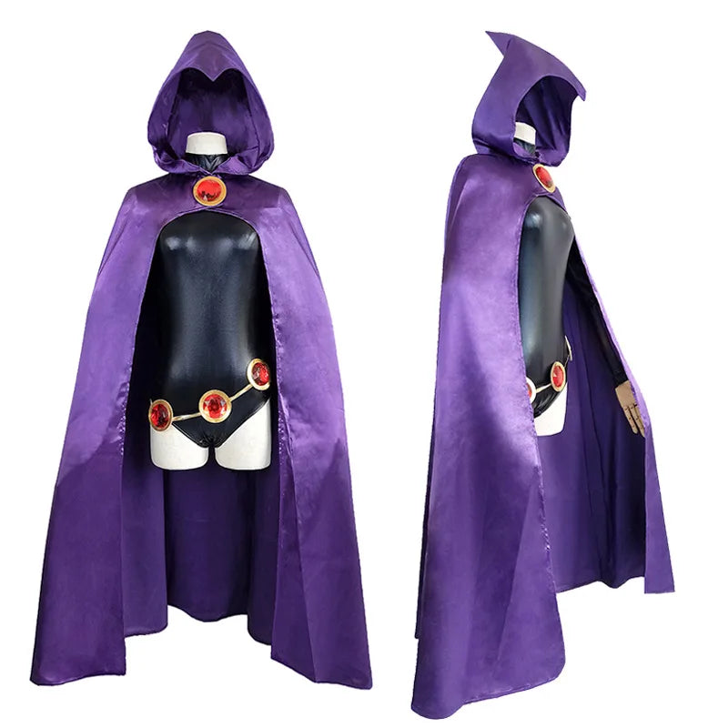 TeenTitans-Raven Cosplay Costume Jumpsuit Purple Cloak with Belt Halloween Costume