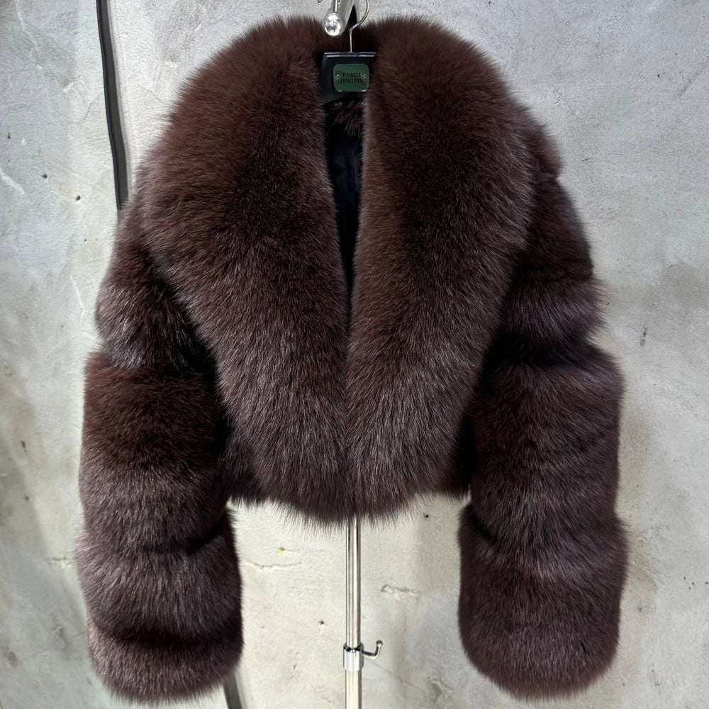 Natural Real Fox Fur Short Coat with Collar