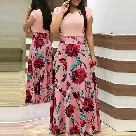 Printed Splicing Crew Neck Short Sleeve Slim Waist Pleated Maxi Dress