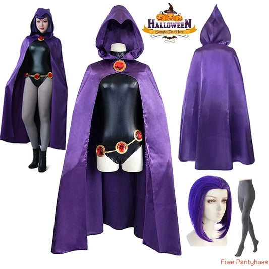 TeenTitans-Raven Cosplay Costume Jumpsuit Purple Cloak with Belt Halloween Costume