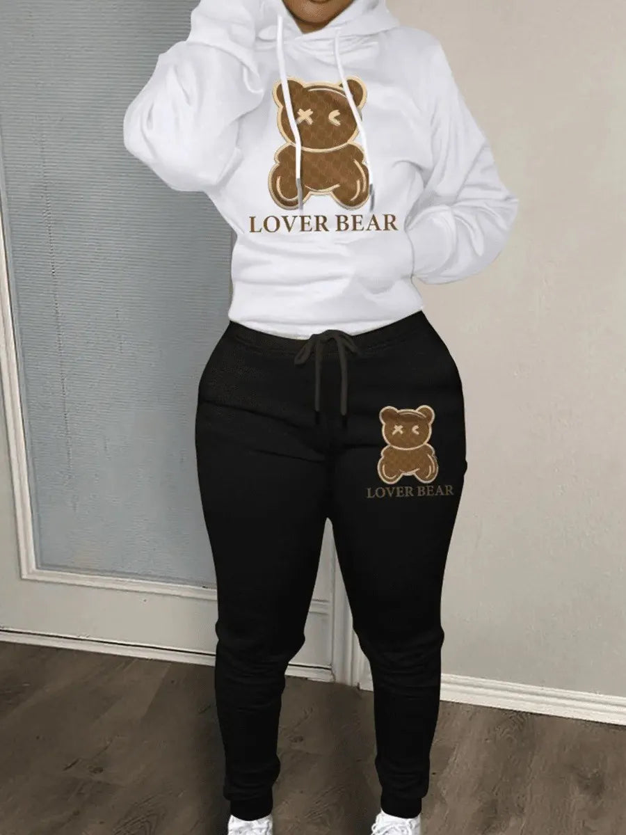 Lover Bear print hooded Sweater + Woolen Pants Set