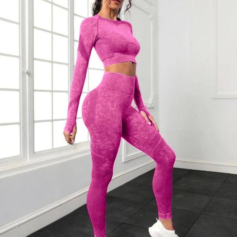 Acid Wash Women Seamless Long Sleeve Gym Set 2Pcs