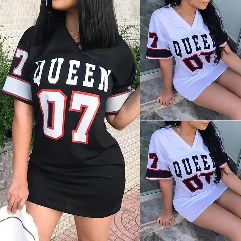 Queen 07 Letter Printed Mid-length T-Shirt Dress