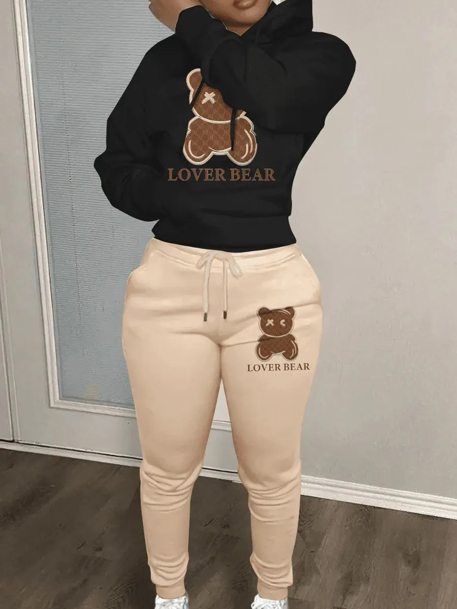 Lover Bear print hooded Sweater + Woolen Pants Set