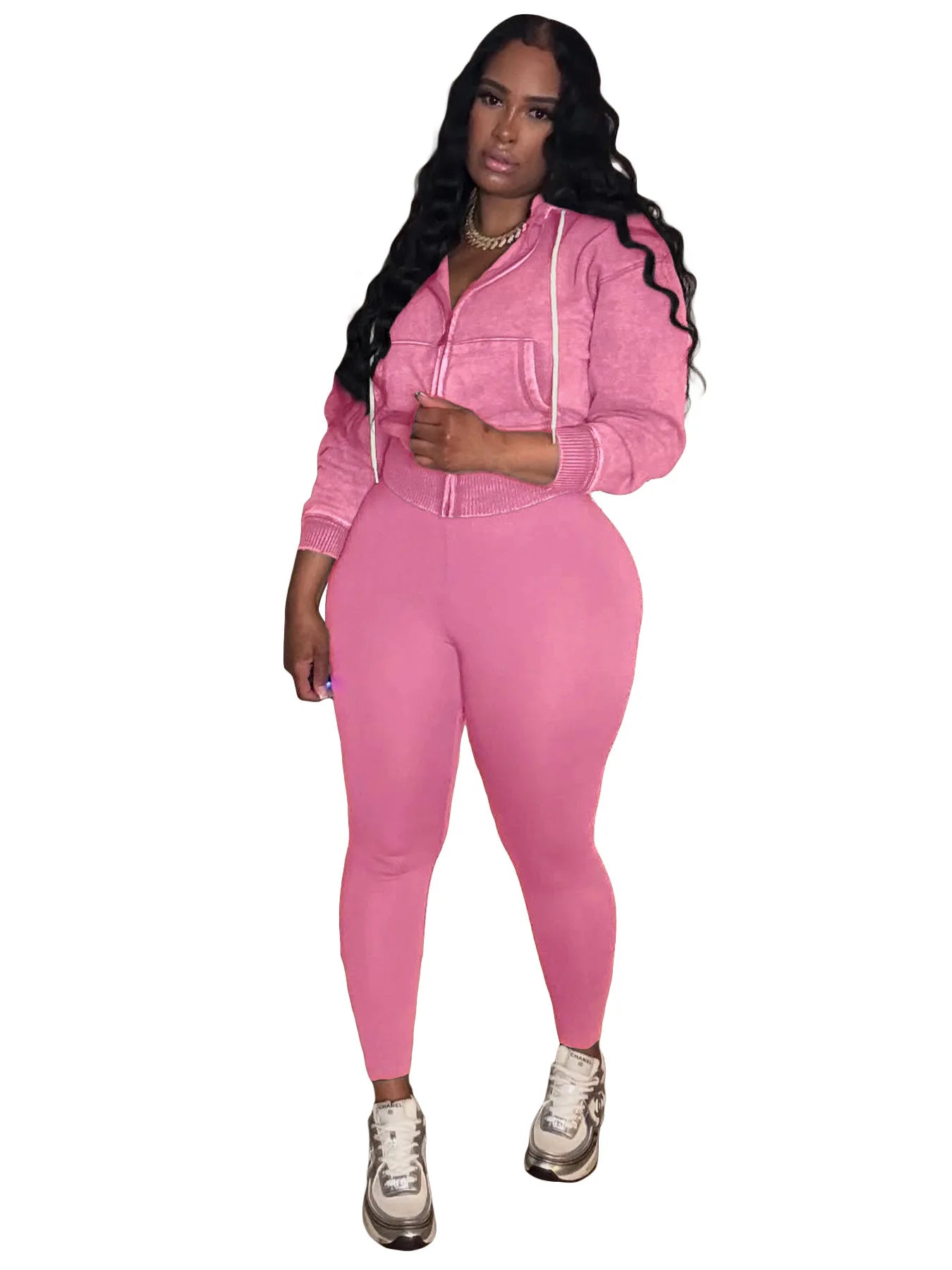 FAGADOER Washed Hooded Crop Top And Skinny Pants Outfits 2PCS Set