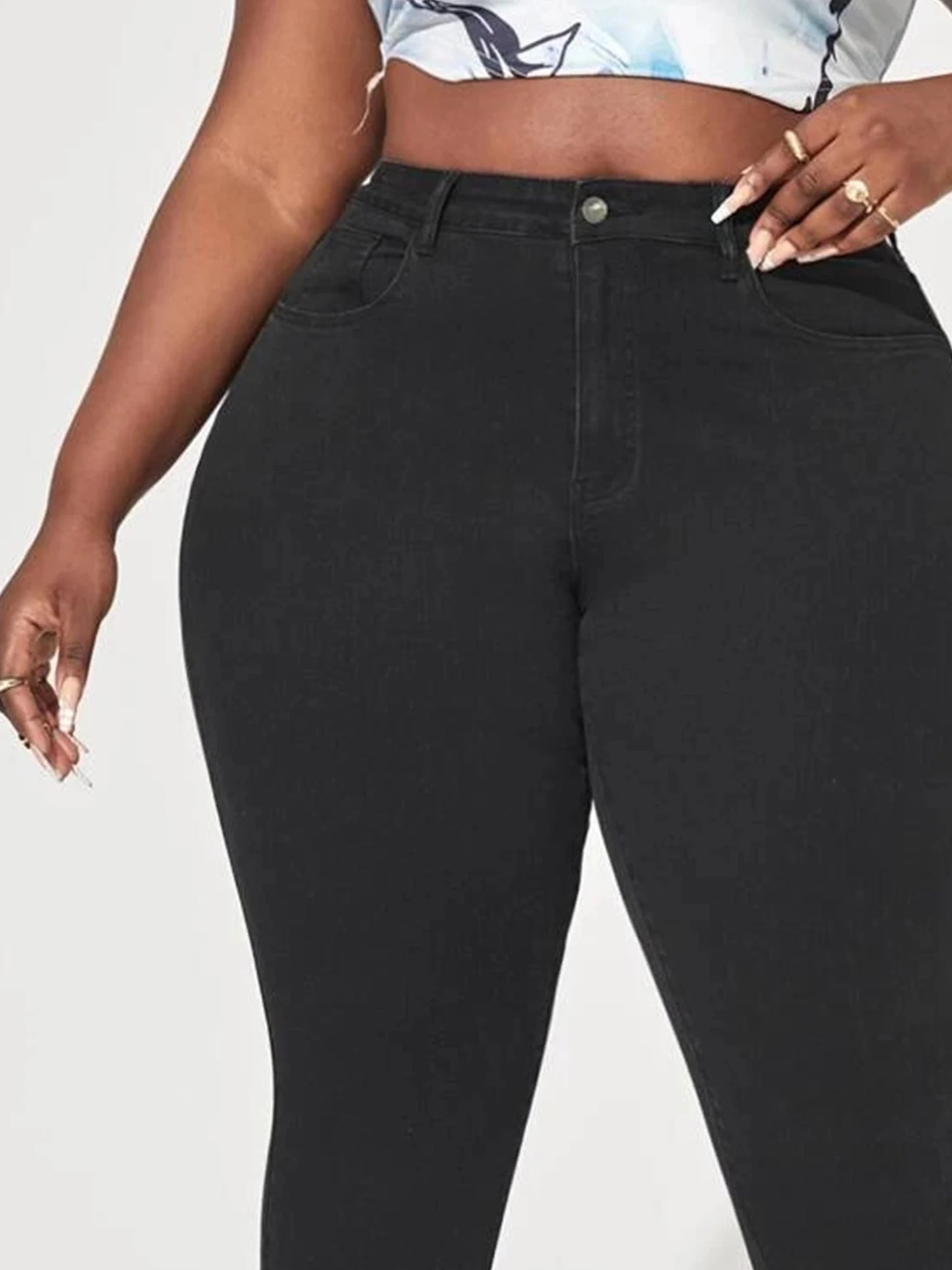 Skinny High Waist Stretch Denim Curvy Pencil Black Jeans - Plus Size