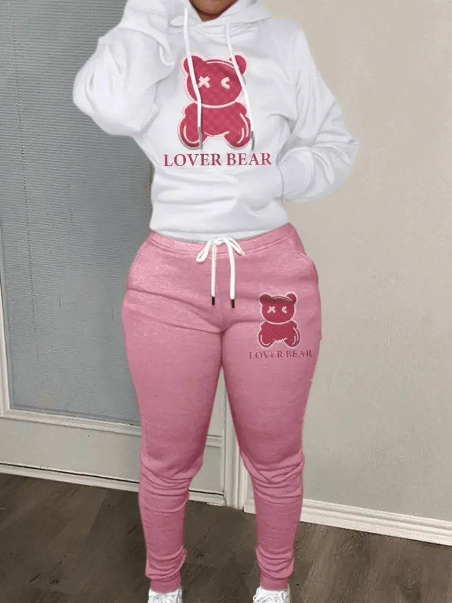 Lover Bear print hooded Sweater + Woolen Pants Set