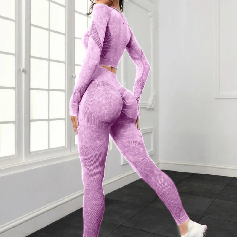 Acid Wash Women Seamless Long Sleeve Gym Set 2Pcs