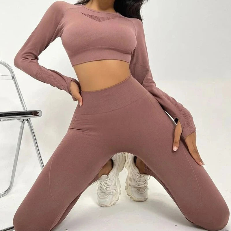 Seamless Wear Back Hollow Long Sleeve Sports Yoga 2 PCS Set