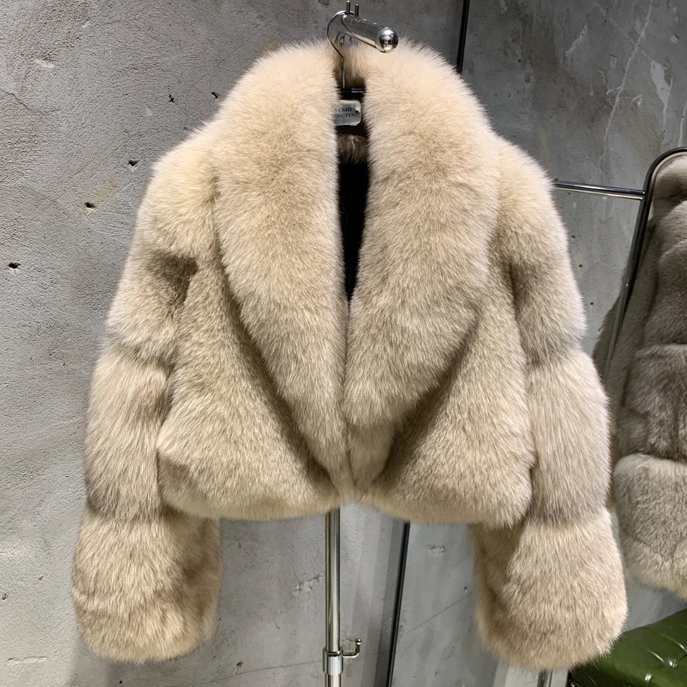 Natural Real Fox Fur Short Coat with Collar
