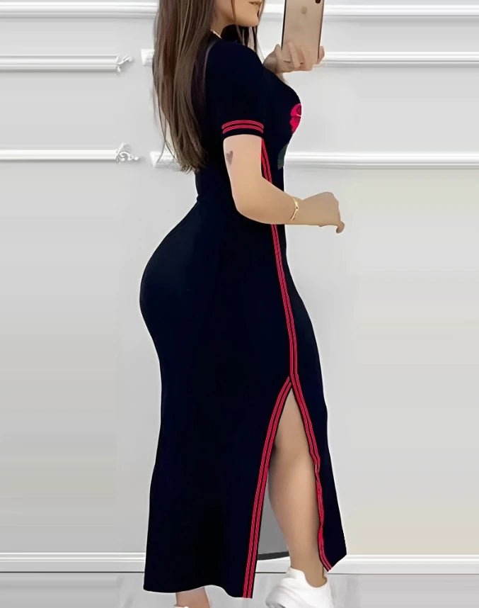Striped Rose Side Slit Short Sleeve Skinny Long Dress