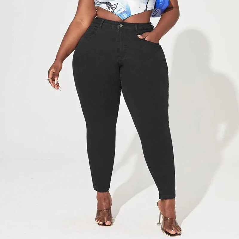 Skinny High Waist Stretch Denim Curvy Pencil Black Jeans - Plus Size