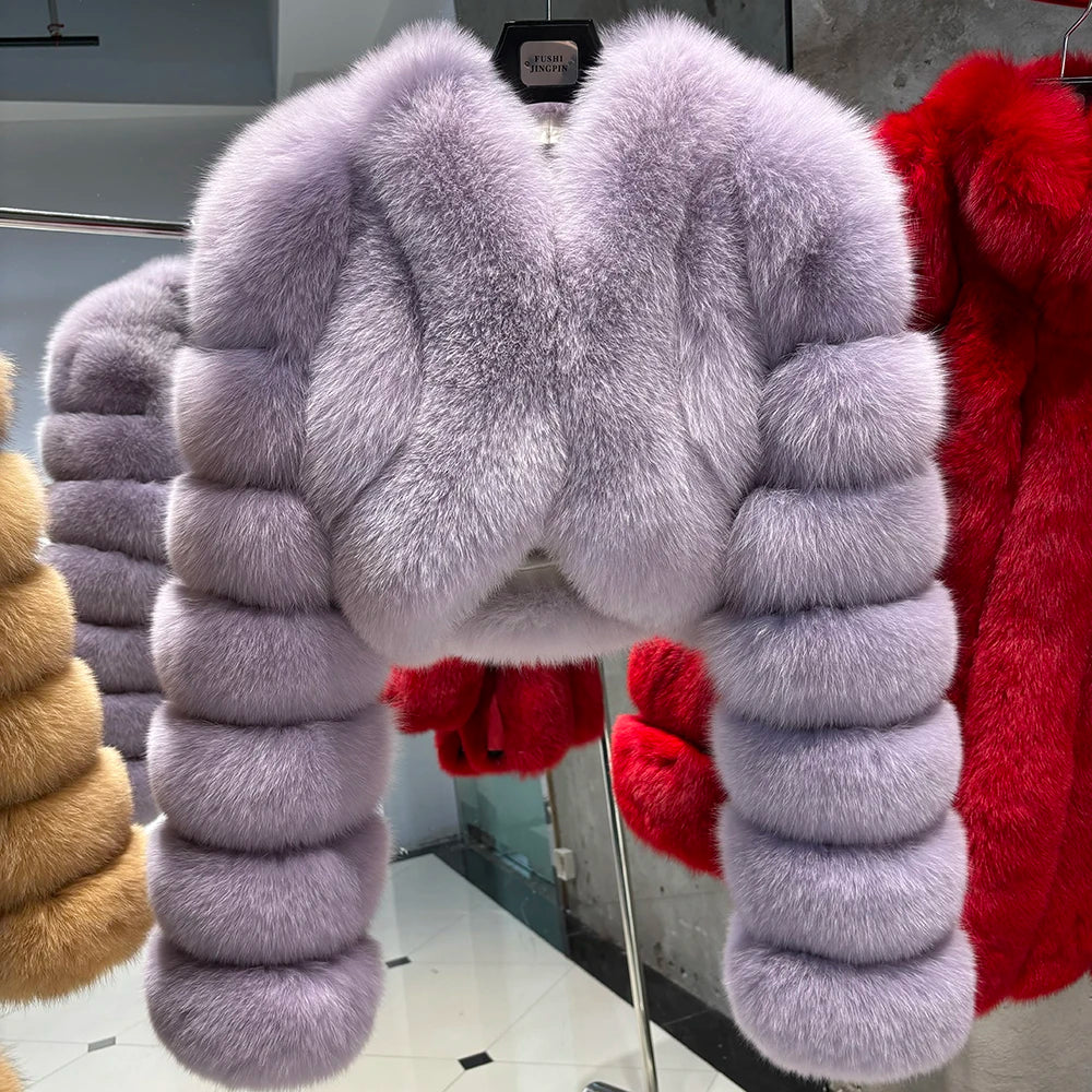 YOLOAgain Real Fox Fur Jacket Women Long Sleeve Crooped Jacket