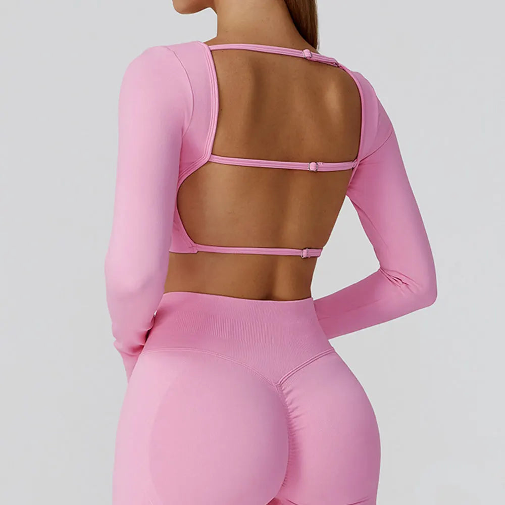 Seamless Quick Dry Crop Top Long Sleeve Yoga Set