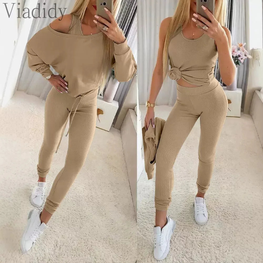 Long Sleeve Pullover Top and High Waist Pencil Pants with Camisole Top 3pcs Set