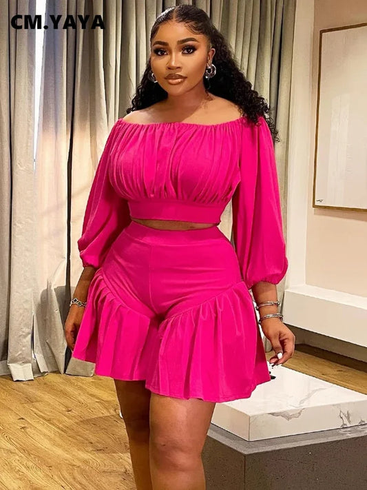 CM.YAYA Long Sleeve Slash Neck T-Shirt and Shorts Two 2 Piece Set - Plus Size