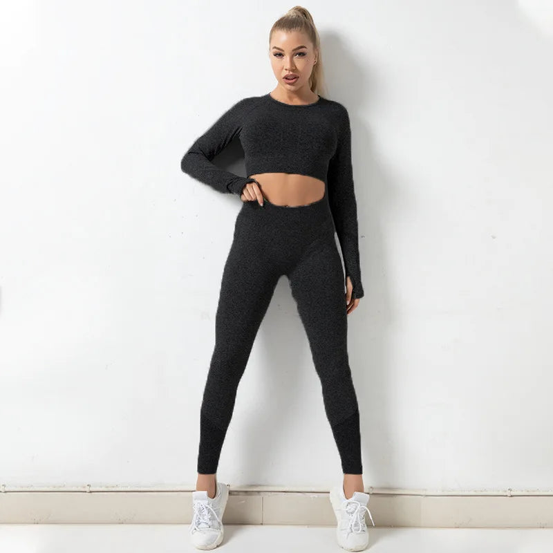 Seamless Wear Back Hollow Long Sleeve Sports Yoga 2 PCS Set